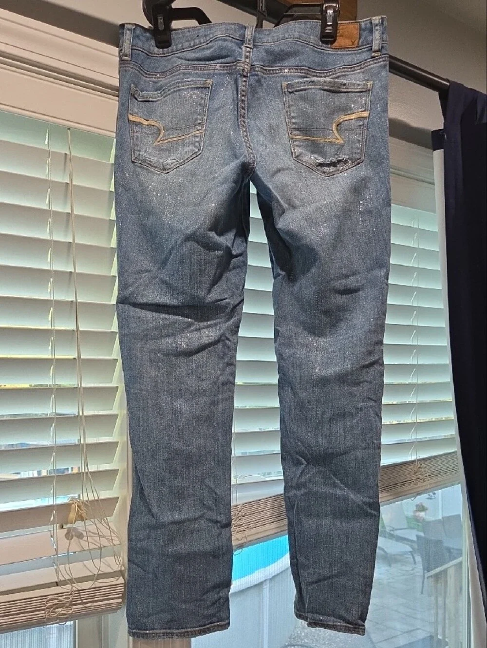 American Eagle Glitter Dustressed Light Blue Skinny Jeans Size 12 - Picture 2 of 5